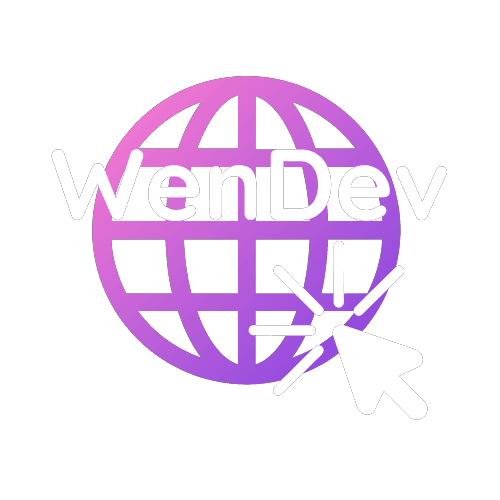 Logo WenDev blanc - une planète symbolisant le monde du web, dans les tons roses et violets, avec le nom de l'entreprise écrit en blanc, avec une flèche de souris d'ordinateur pour cliquer dessus.